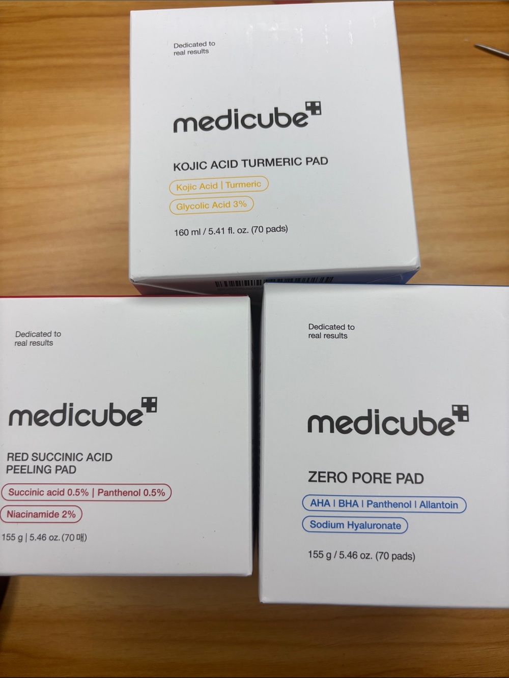 Medicube NIB zero pore pad, red succinic acid pad, kojic acid pad